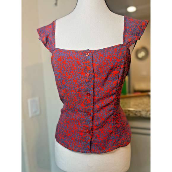 Chelsea & Violet Orange/Blue Polka Dot Blouse Button Down Ruffled Tank Top Sz LG - Picture 1 of 4